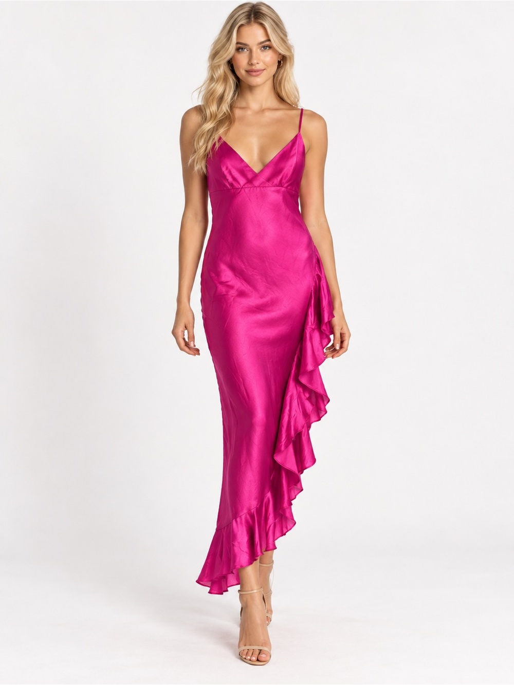 Bardot Ember Fuchsia Pink Satin Ruffle Maxi Dress Size US 6 57089